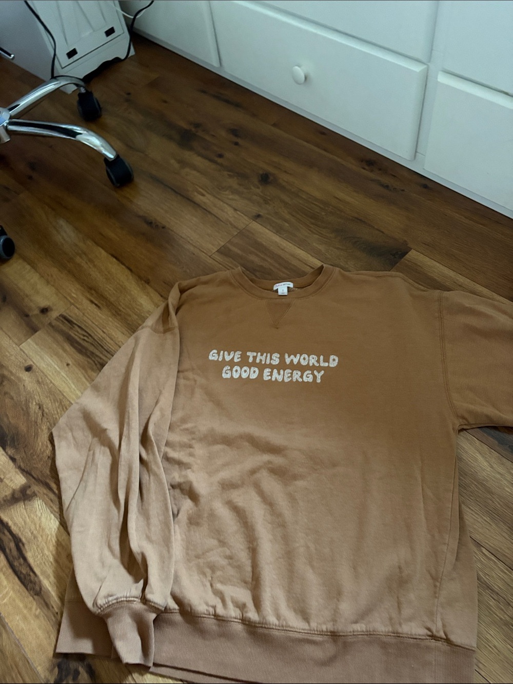 Tan Crewneck Sweatshirt with White Slogan